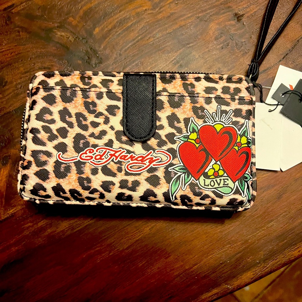 Ed Hardy Leopard and Heart Design Wristlet